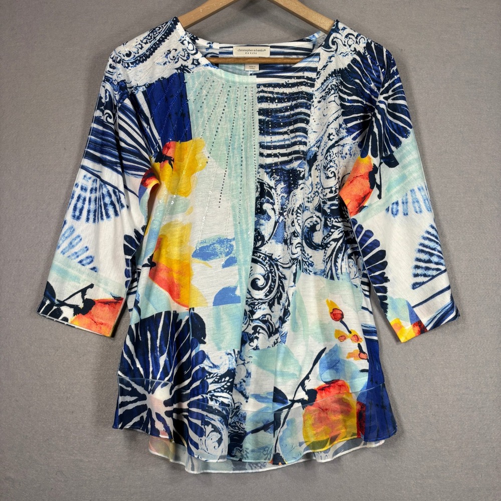 Christopher Banks Top Womens LP Abstract Print‎ Sequin 3 4 Sleeve